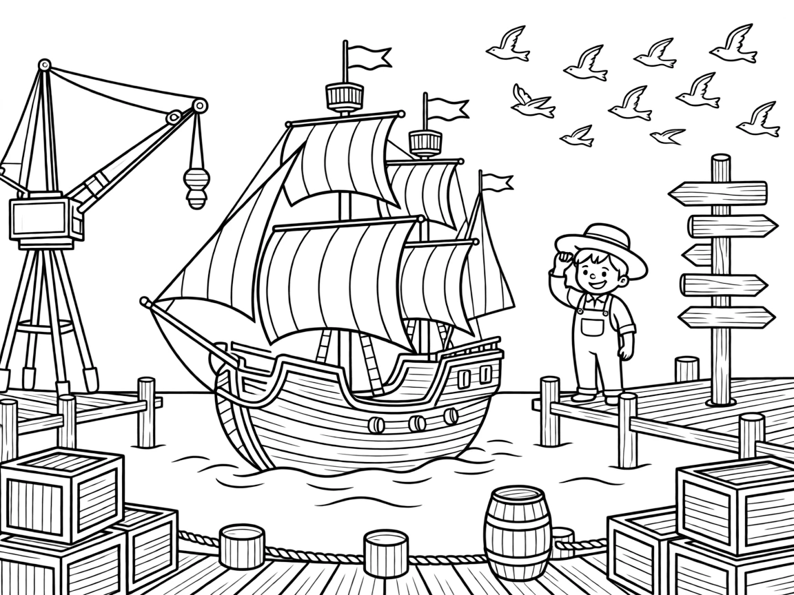 In this scene, a wooden pirate galleon with billowing striped sails is the star of a busy harbor lined with docks, cranes, and stacked crates, joined by a friendly farmer tipping his straw hat, with a flock of birds flying alongside in formation and an old wooden signpost pointing to faraway towns scattered throughout for kids to color.