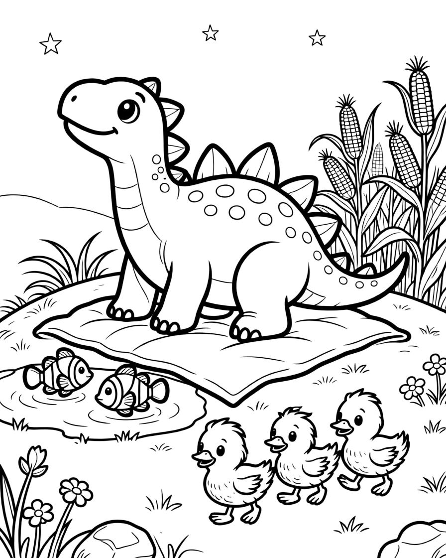 A friendly stegosaurus at the top of a windy hill, stargazing on a blanket with a school of clownfish, next to a corn field, with a family of ducklings following behind.
