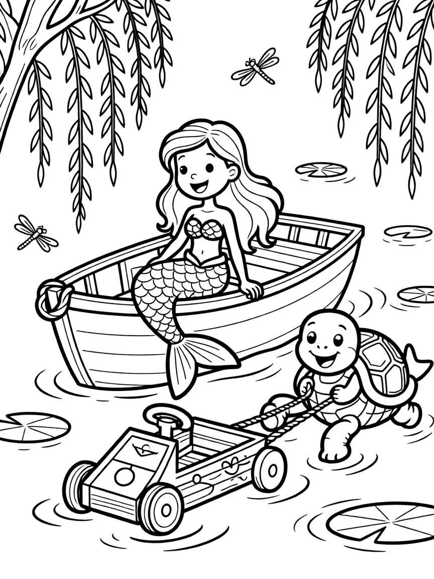 A chirpy mermaid princess takes a break from adventures to try putting the finishing touches on a homemade go-kart on a riverboat drifting past willow trees, with a cart pulled by a very determined turtle close behind. The whole gang can't stop smiling.