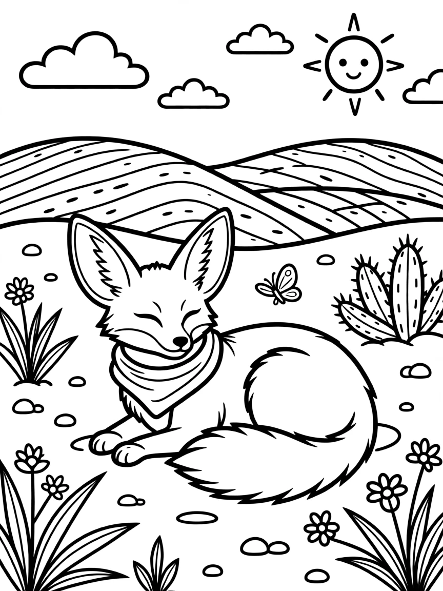 A coloring page of a gentle nature scene in Morocco featuring a fennec fox with big ears resting in the desert sand, surrounded by plants, rolling hills, and a bright sky.