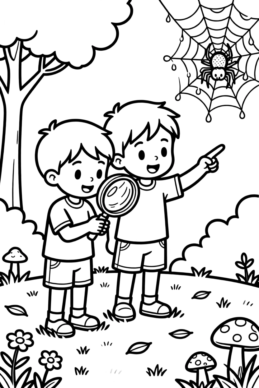 curious twin brothers examine a spider's web glistening with morning dew using a magnifying glass.