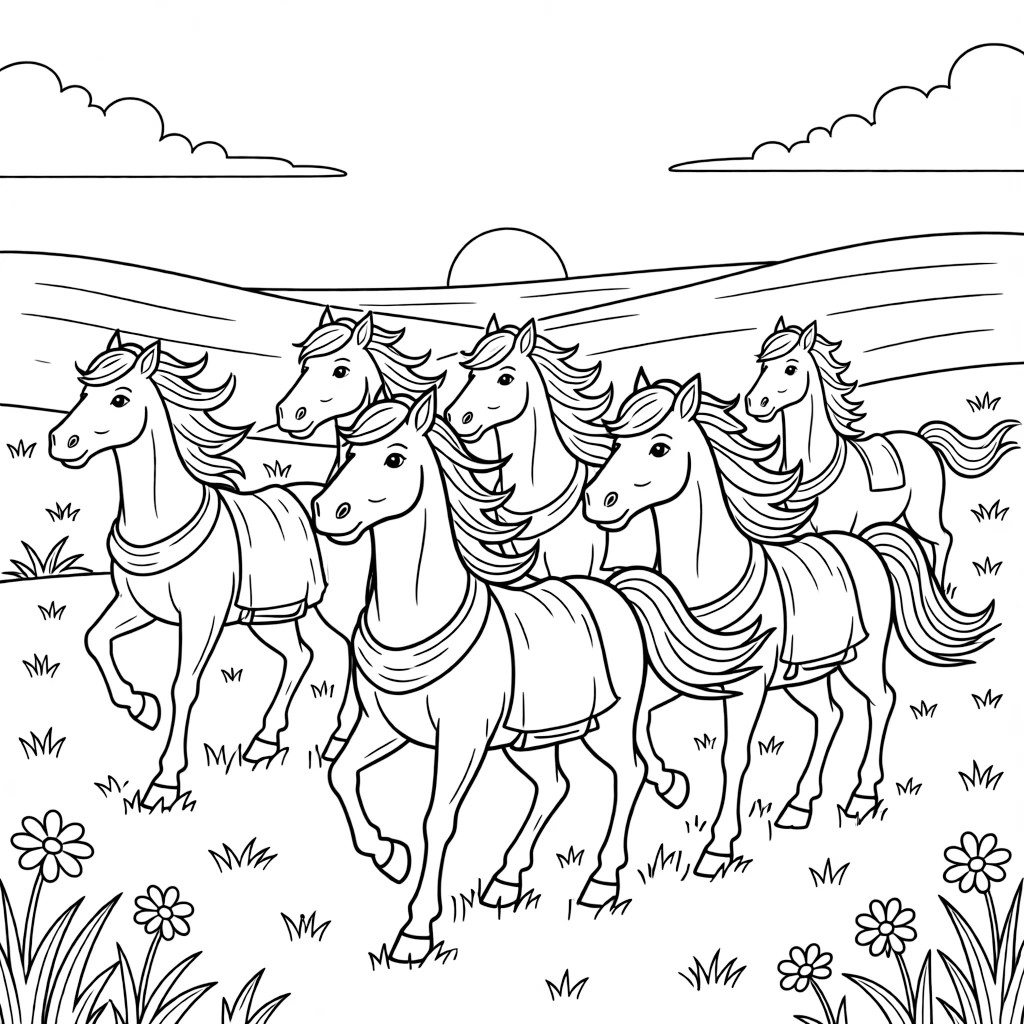 A herd of centaurs gallops across an open plain at sunset, manes and tails flowing behind them like ribbons.