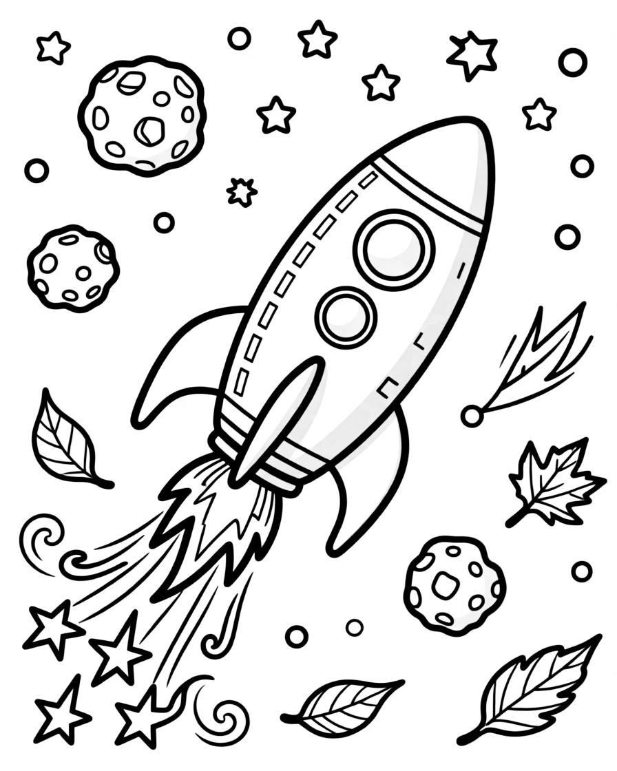 [Spaceships] a sleek rocket ship blasting off in a cloud of fire through a shower of shooting stars. In the background, asteroids tumble slowly through space, adding extra fun to explore. Exhaust flames glow bright beneath the engines. It all happens under a starry night sky, with autumn leaves swirling in the wind.