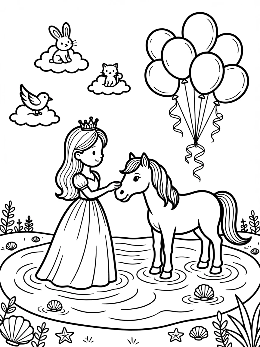 A young queen with a small sparkling crown is petting a friendly pony's soft nose in a glowing mermaid lagoon. Just beyond, a cluster of bouncing balloons tied with ribbon and fluffy clouds shaped like little animals add to the delightful moment.