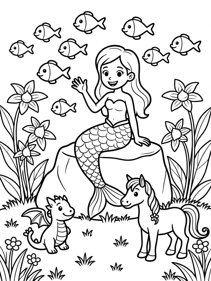 A mermaid greeting a school of colorful fish in an enchanted garden where flowers glow like lanterns, with a friendly dragon with tiny wings and a unicorn with a flower-braided mane nearby.