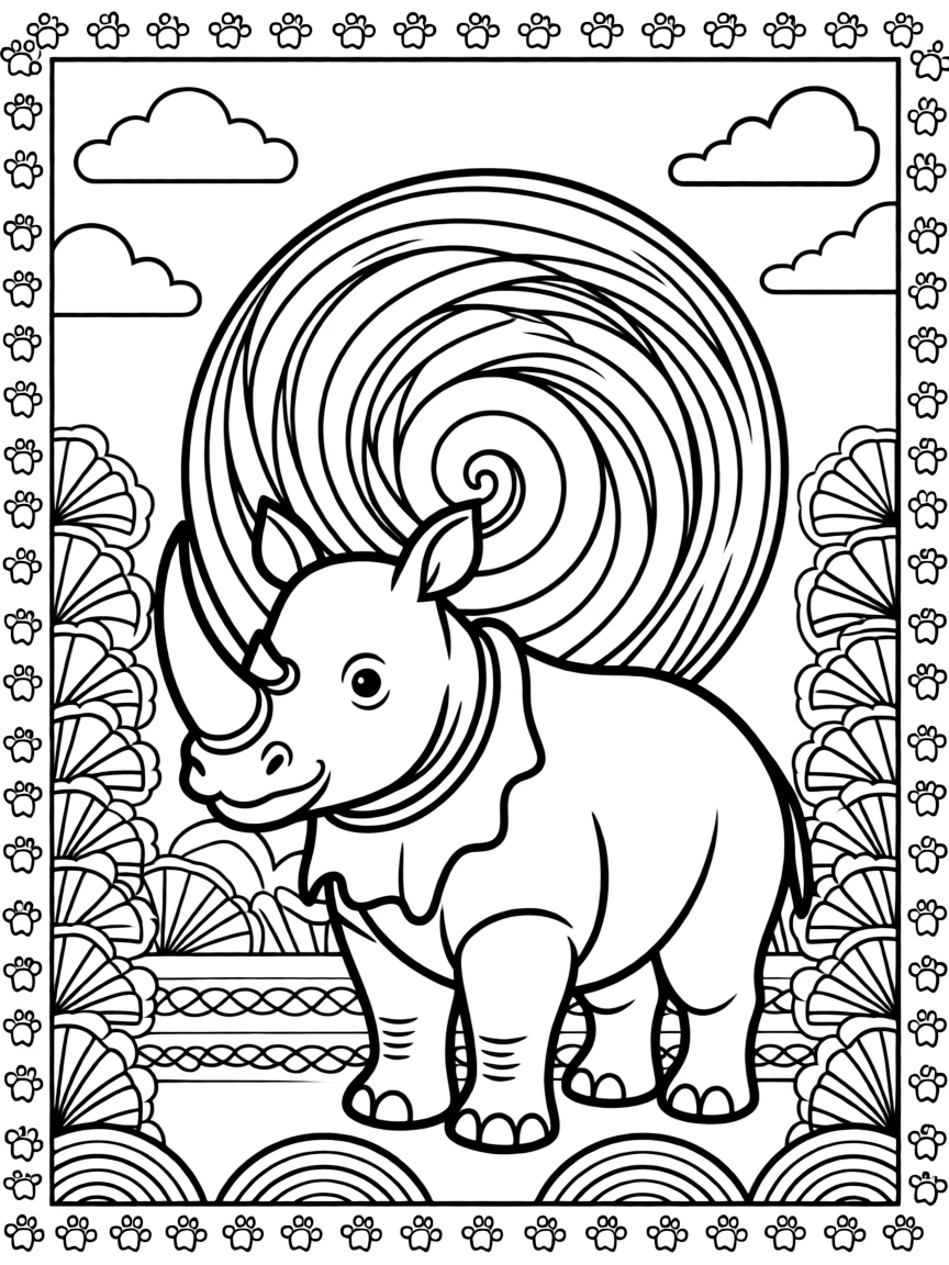 Zoo & Safari Animals: The page presents a small themed scene built around a rhinoceros with a single curved horn, tied together by a shell-spiral mandala coiling outward in smooth turns. The scene is set within a framed scene where every element on one side is echoed by a twin on the opposite side. Decorative details fill the surrounding space, including rounded puffy cloud shapes, rows of scalloped fan shapes, and bands of braided rope shapes woven throughout the background. A playful extra touch completes the page: a trail of small paw prints wandering along the outer edge.