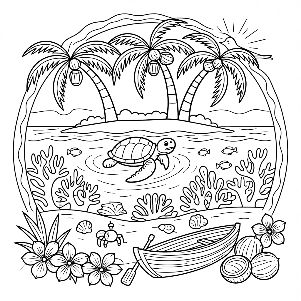 [Tropical Islands] A sea turtle swims lazily near a small island ringed with coral and clear blue water. Hermit crabs explore a scattering of shells beneath a cluster of leaning palm trees. A wooden rowboat rests on the sand beside a pile of coconuts and tropical flowers. Soft morning light glows over the island as birds call from the treetops.