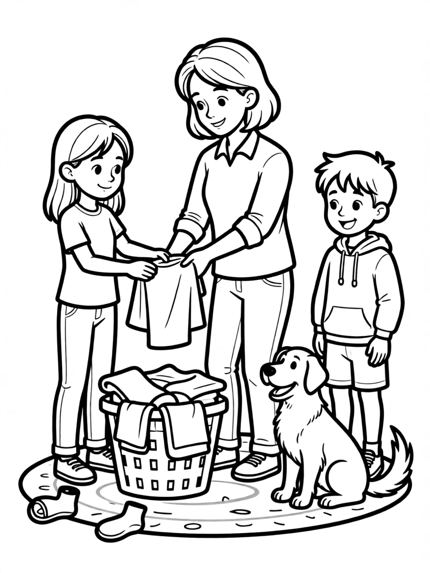A confident preteen girl folding laundry with a parent with a big brother while a friendly dog wags its tail.