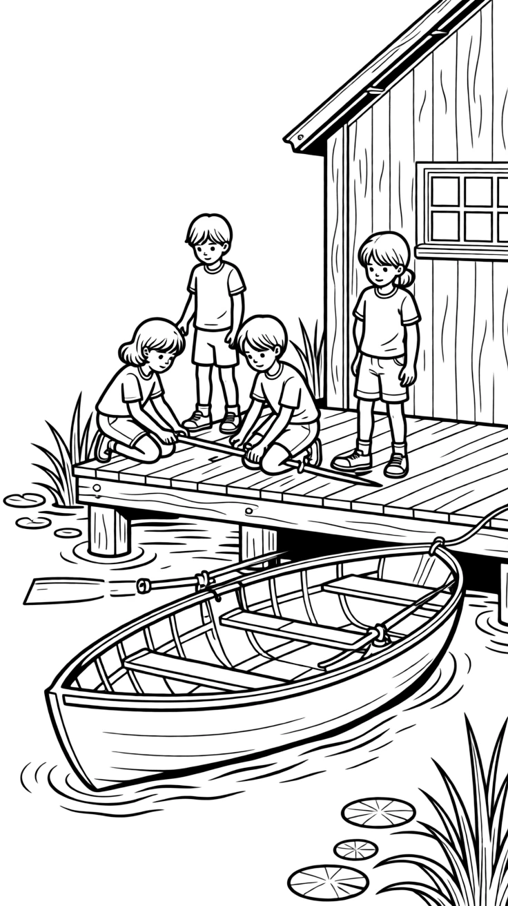 A group of classmates, adjusting the oarlocks before pushing off from a wooden boathouse dock.