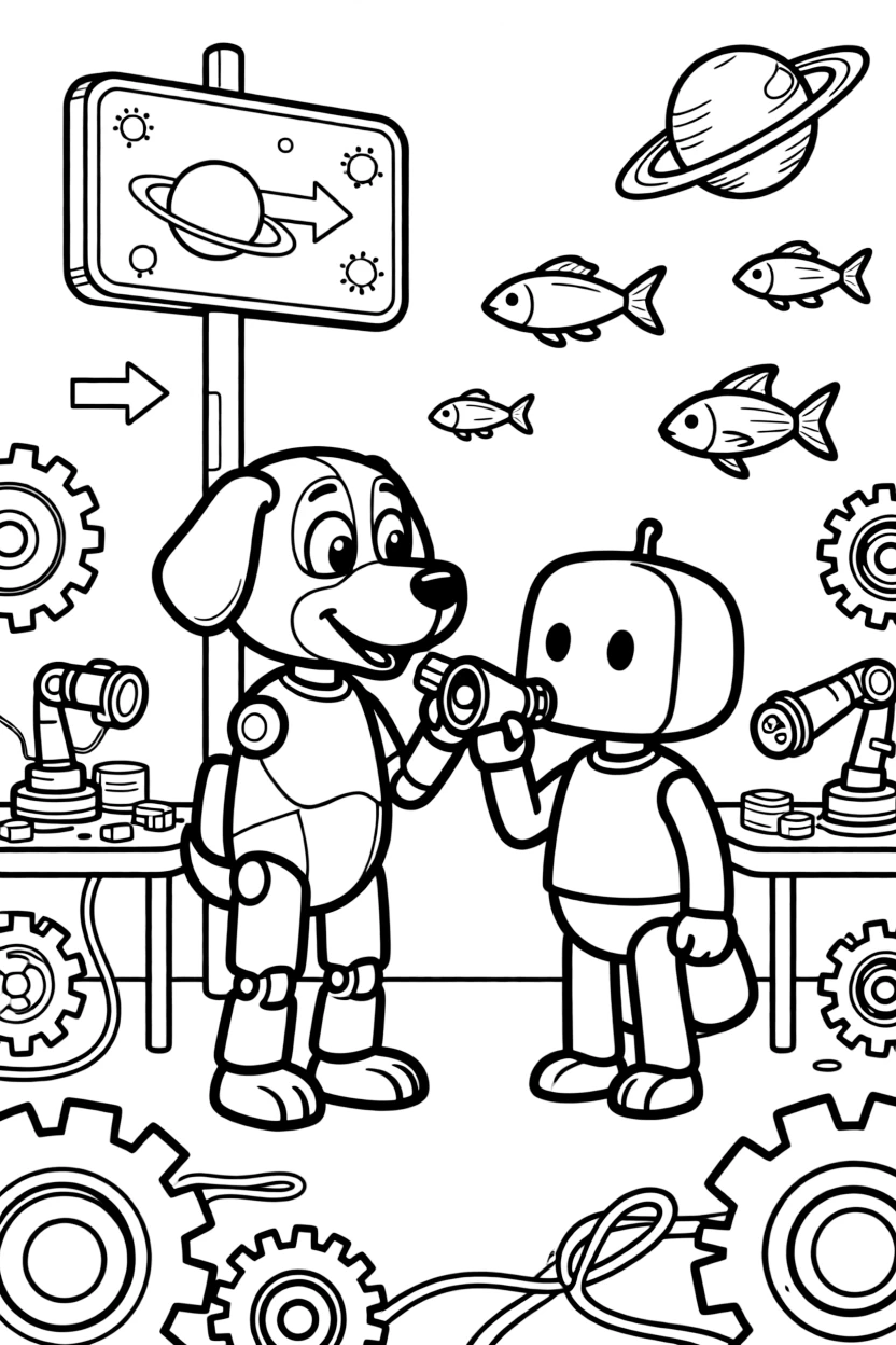 Bolt-9, a robot dog teaching a robot how to whistle using a special gadget in a robot workshop cluttered with gears, wires, and half-built inventions, as a floating signpost pointing to distant planets and a school of glowing space fish swimming through the air fill the scene.