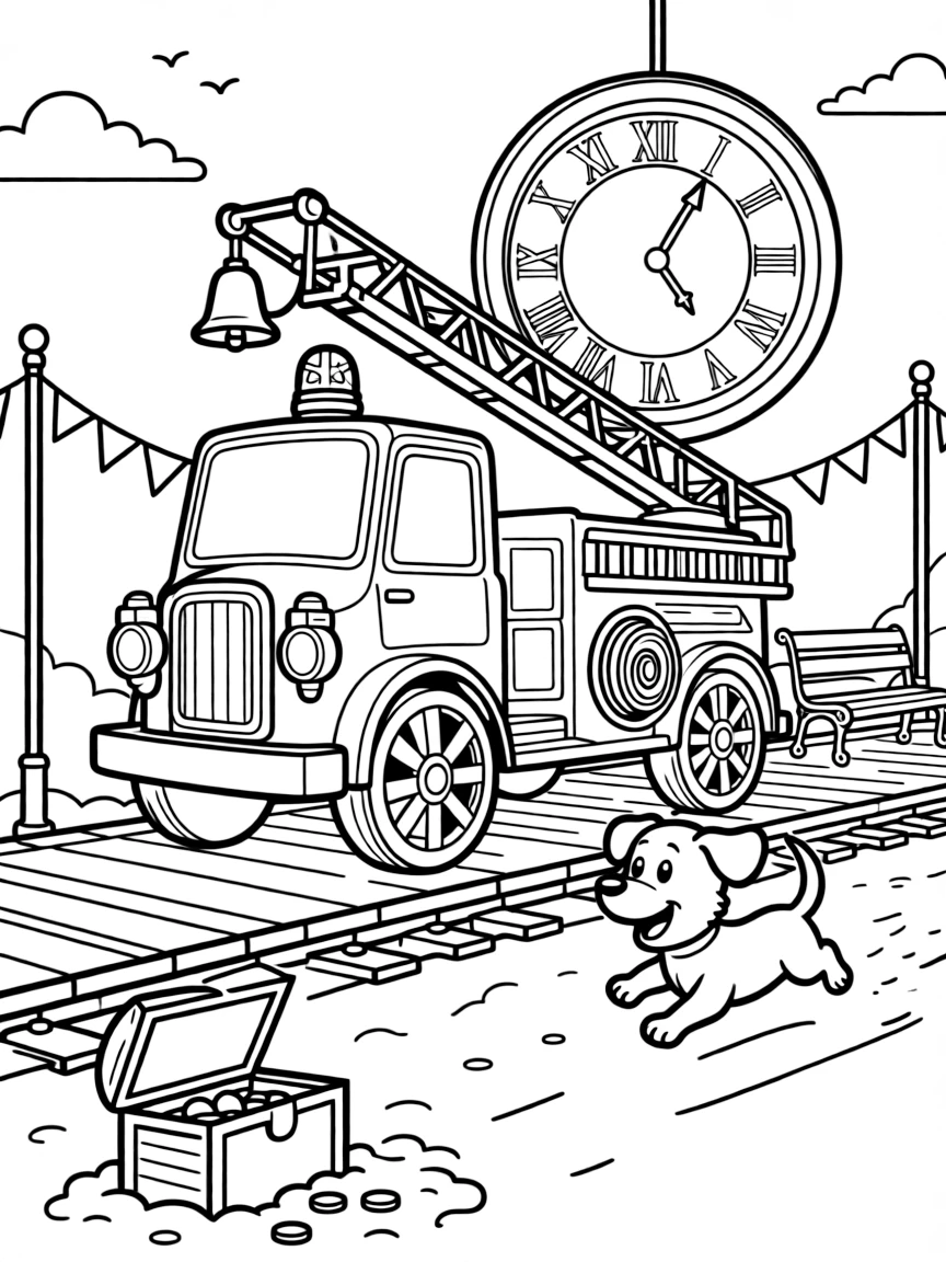 This page centers on an antique fire engine with a hand-cranked bell and ladder exploring a historic train station platform with a big round clock, featuring an excited puppy chasing along the road and little extras like colorful flags fluttering from every corner and a treasure chest half-buried in the sand.