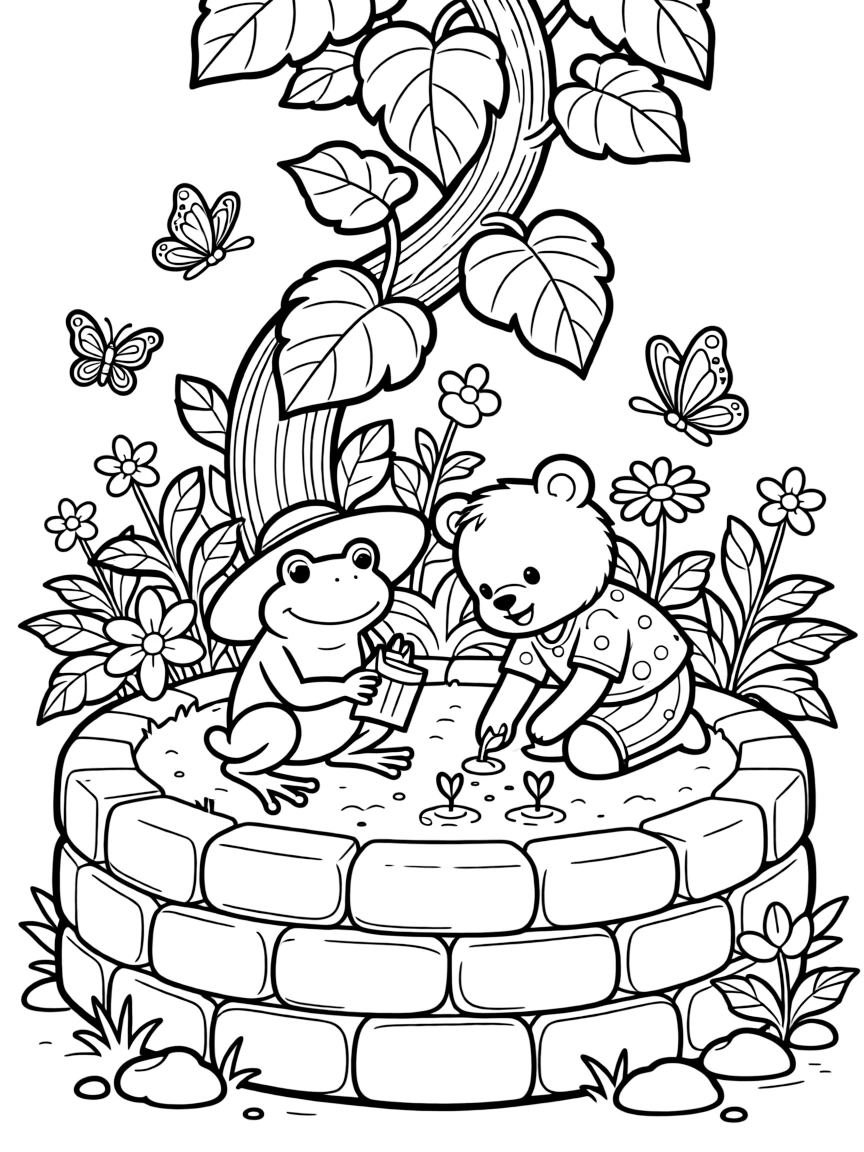 A frog planting seeds together with a bear cub in a secret garden behind a stone wall, near a giant beanstalk, surrounded by fluttering butterflies.