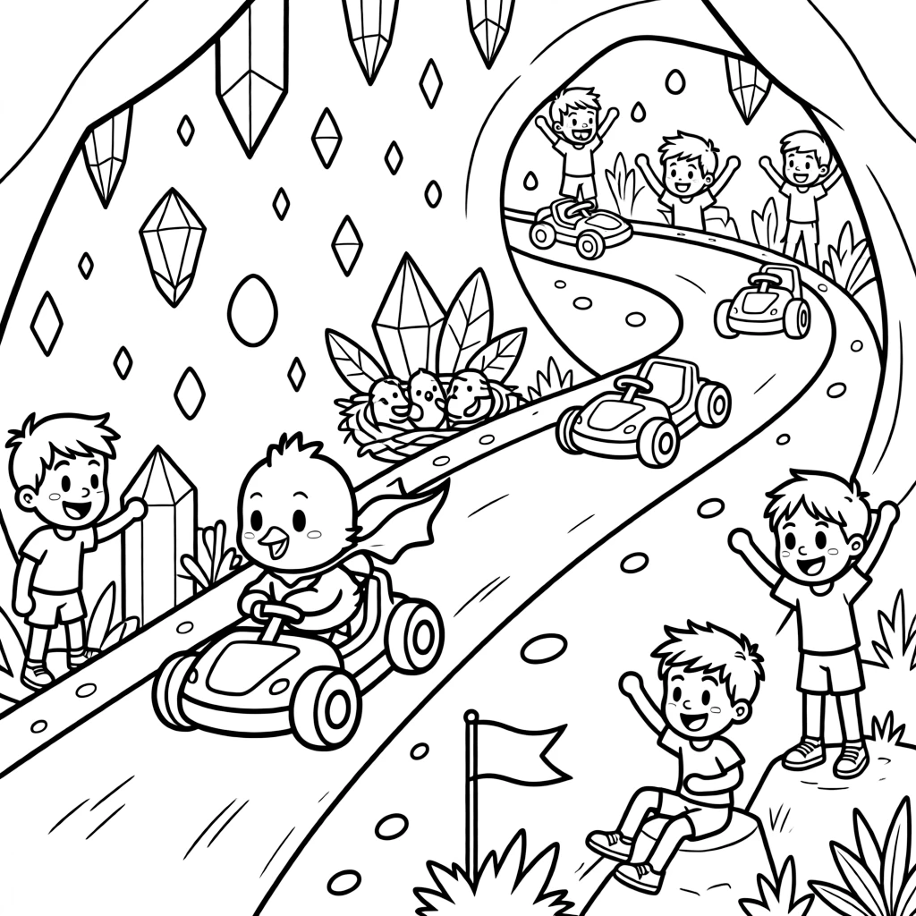 Goofy and full of excitement, a chick in a tiny superhero cape spends the day racing go-karts down a bumpy hill in a cavern glittering with crystal formations. Nearby, a nest of sleepy baby birds adds to the fun. The whole neighborhood has come out to join the fun.
