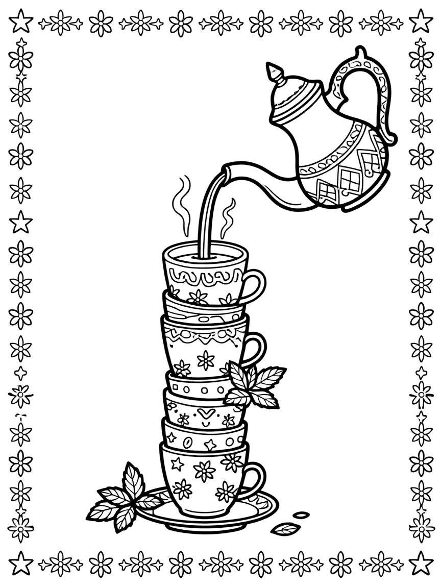 A coloring page featuring a tower of stacked mint tea glasses poured from a silver teapot from Morocco, framed by a simple border of flowers, stars, or geometric patterns from the region.