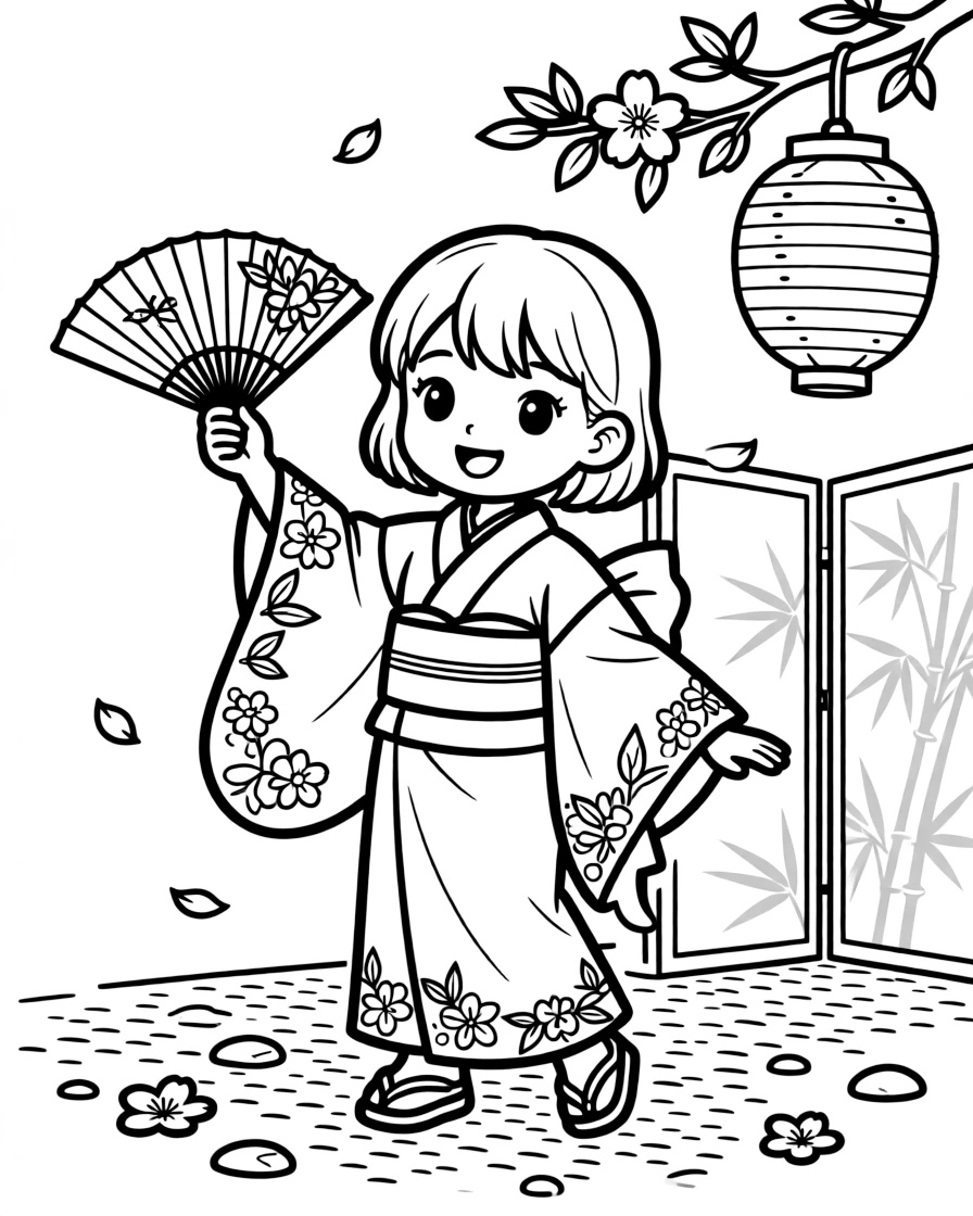 a bold little girl tries on a kimono and waves a paper fan during a cultural festival day.