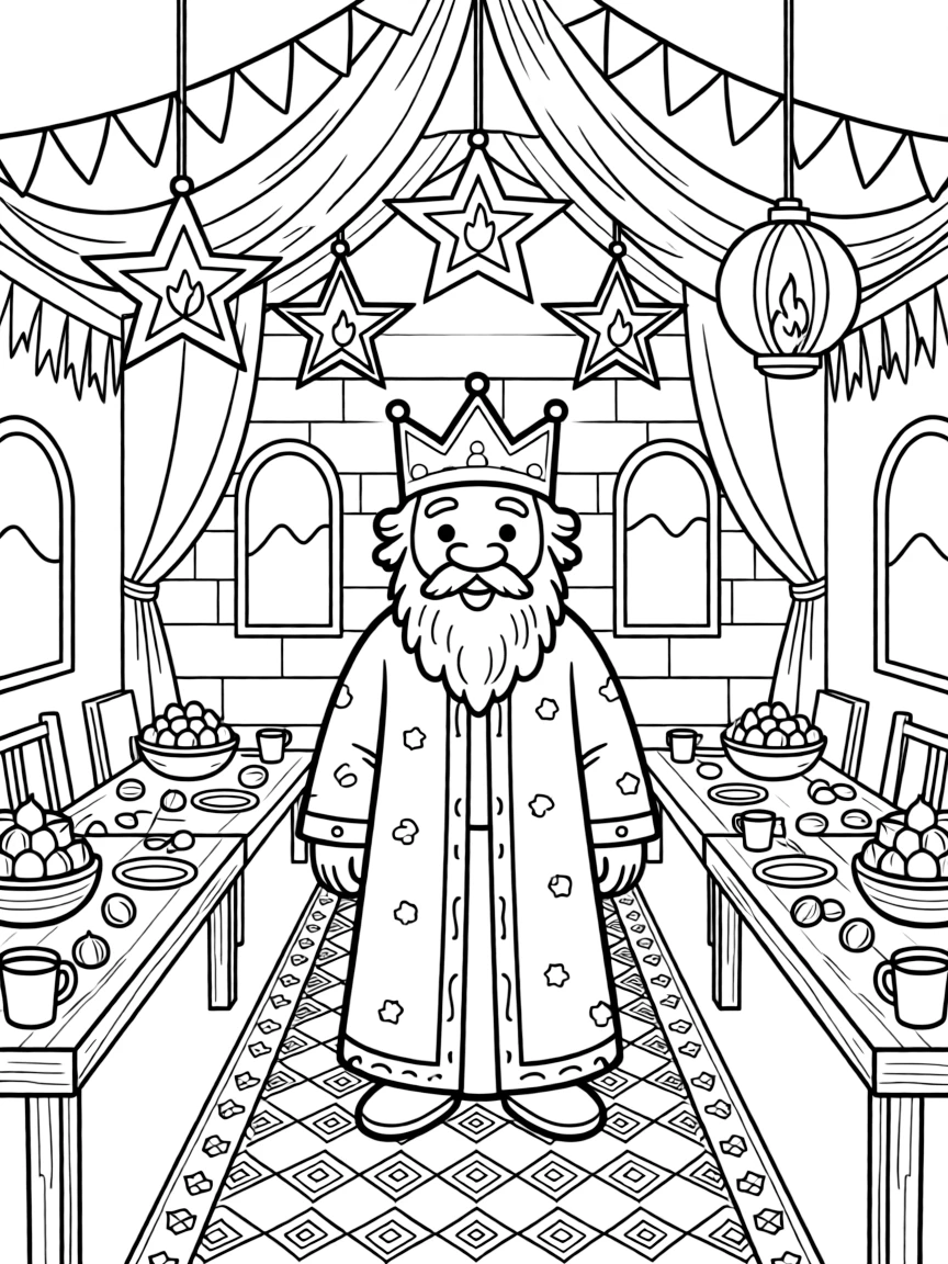 A dwarf king's grand hall is decorated for a festival with banners, glowing lanterns, and long tables piled with roasted chestnuts.