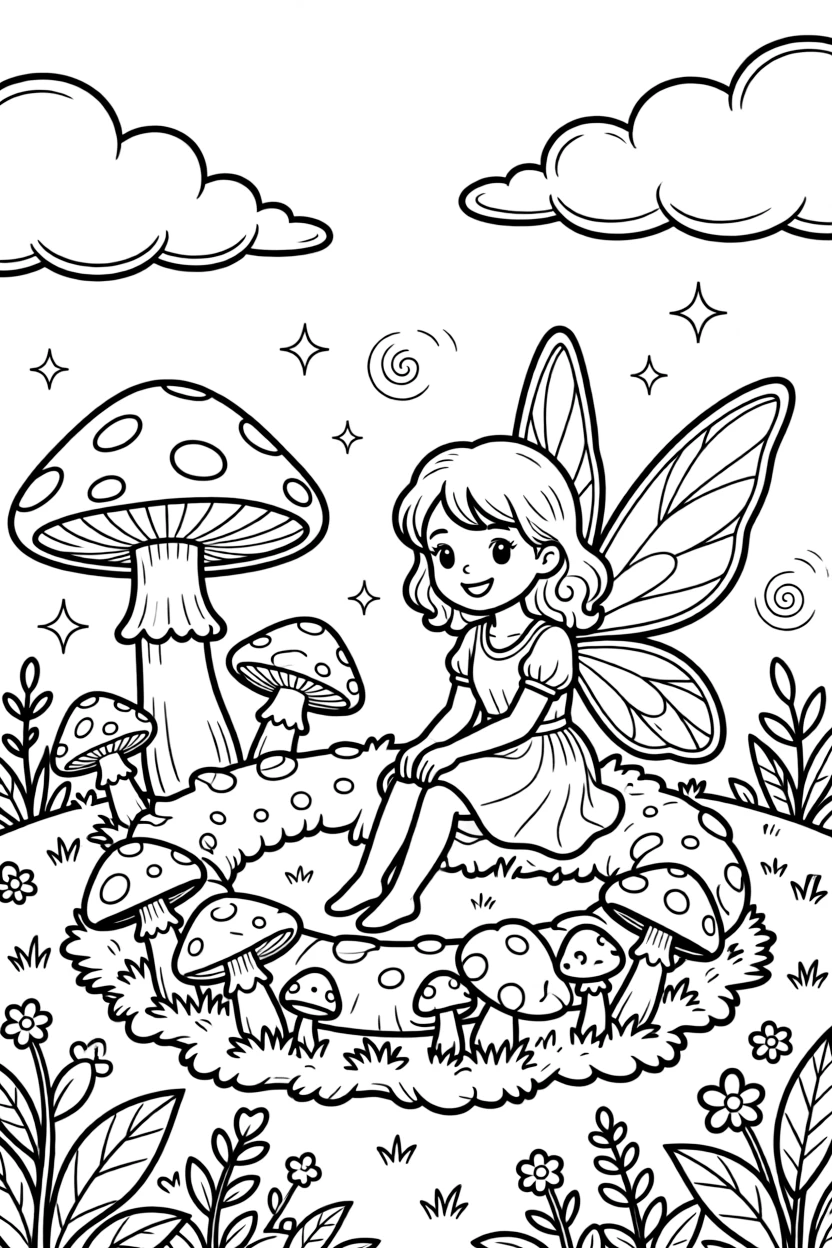 [Fantasy Creatures] a tiny woodland fairy resting beside a glowing mushroom ring in an enchanted forest, smiling proudly. Nearby, mushrooms of every size dot the ground. Soft magical sparkles surround the scene. The scene is captured at sunset, with fluffy clouds drifting overhead, giving the page a lively and adventurous feel that invites plenty of colorful detail.