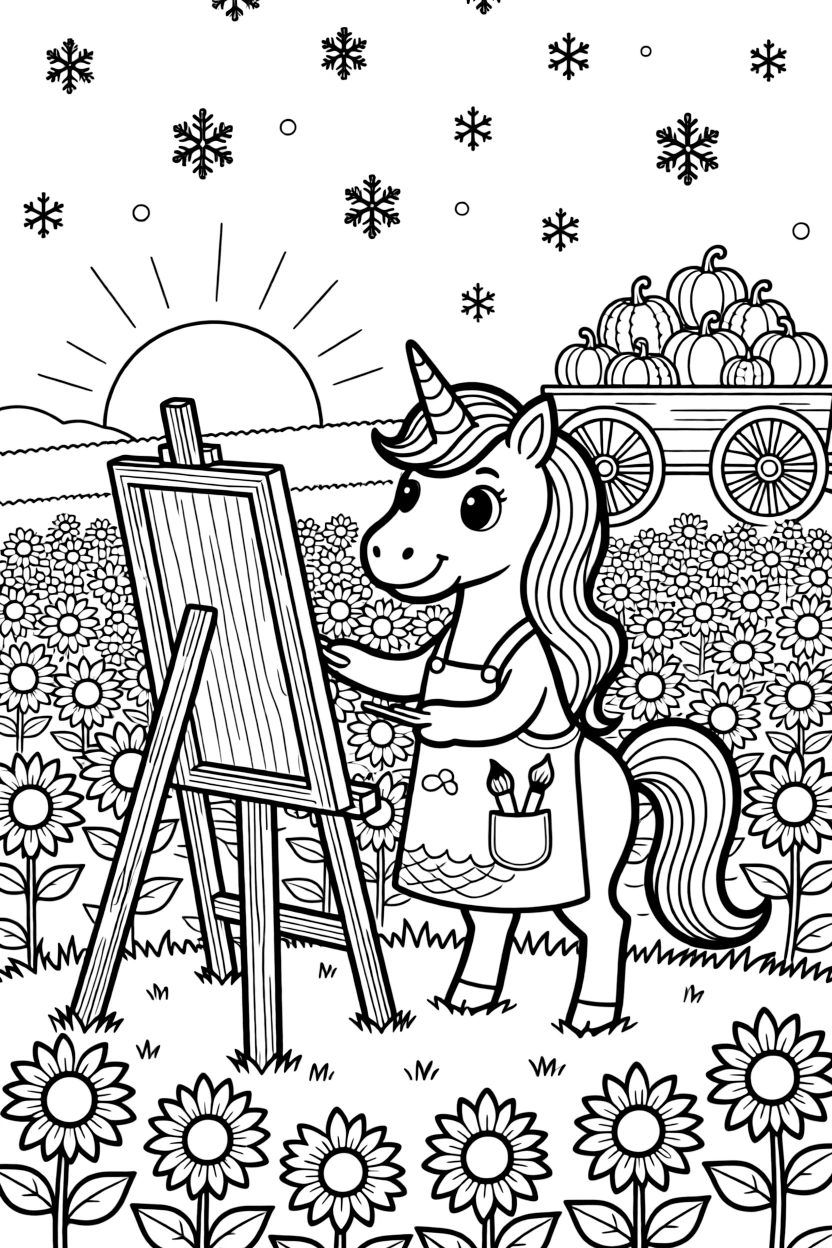 A sparkly unicorn with a rainbow mane is painting a picture on a wooden easel in a sunflower field at golden hour. Nearby, a wagon piled high with pumpkins and gently falling snowflakes add to the delightful moment.