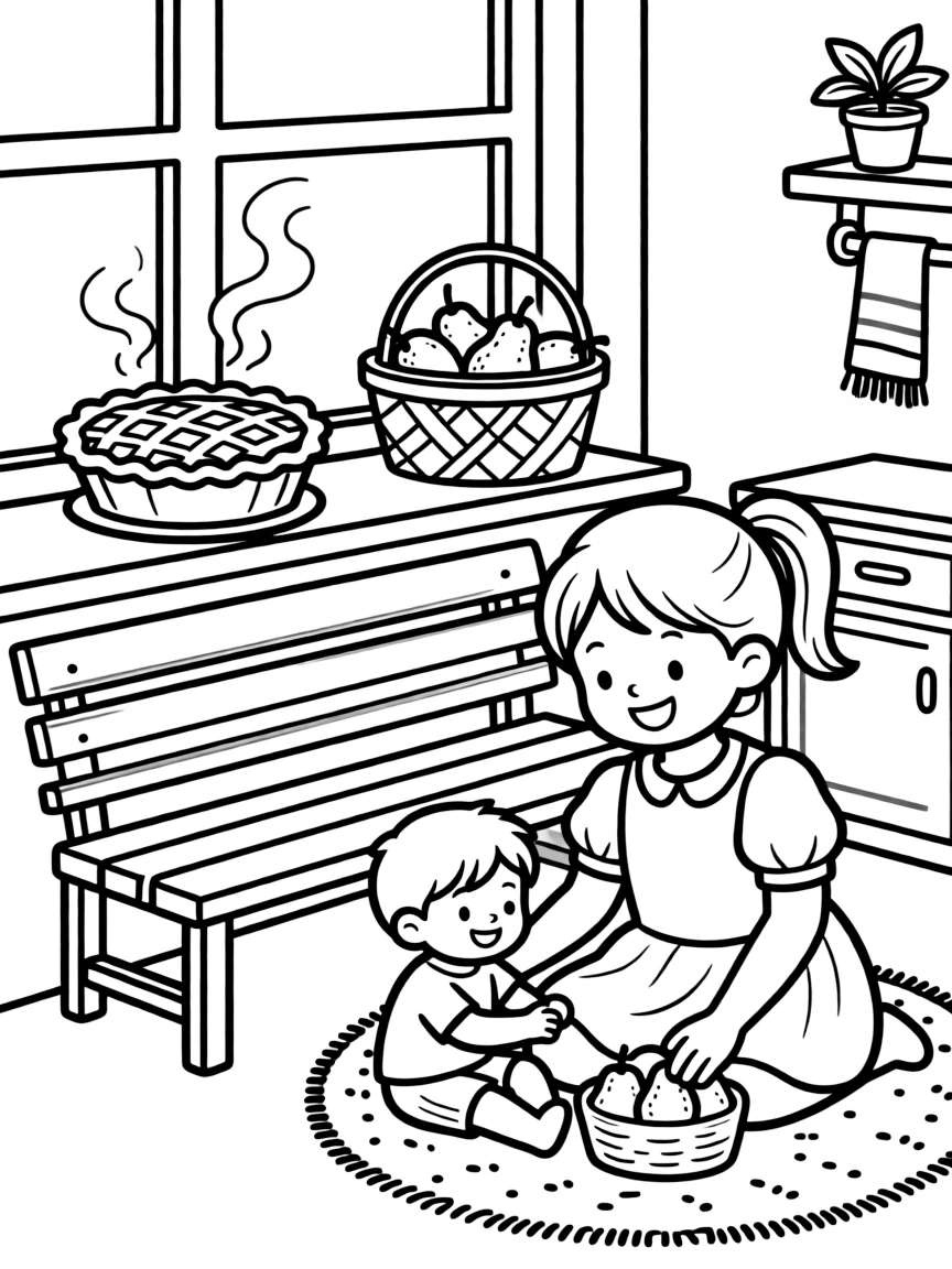 A garden bench shared between generations in a cozy kitchen with the smell of fresh-baked treats, with a big sister and her little brother playing close by amid a warm apple pie cooling on a windowsill and a bushel basket of pears.