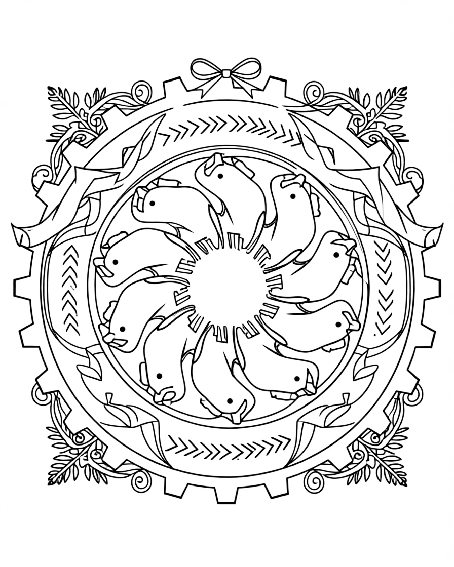 Zoo & Safari Animals: The design turns a rhinoceros with a single curved horn into a kaleidoscope-style composition anchored by a gear-wheel mandala with even notches around the rim. The imagery is arranged in a spinning ring of repeated segments, each one a slightly rotated twin of its neighbor. Decorative details fill the surrounding space, including curling fern-frond shapes, ribbons folded into gentle zigzags, and rows of arrow-shaped chevrons woven throughout the background. A playful extra touch completes the page: a small ribbon bow tied neatly at the top of the design.