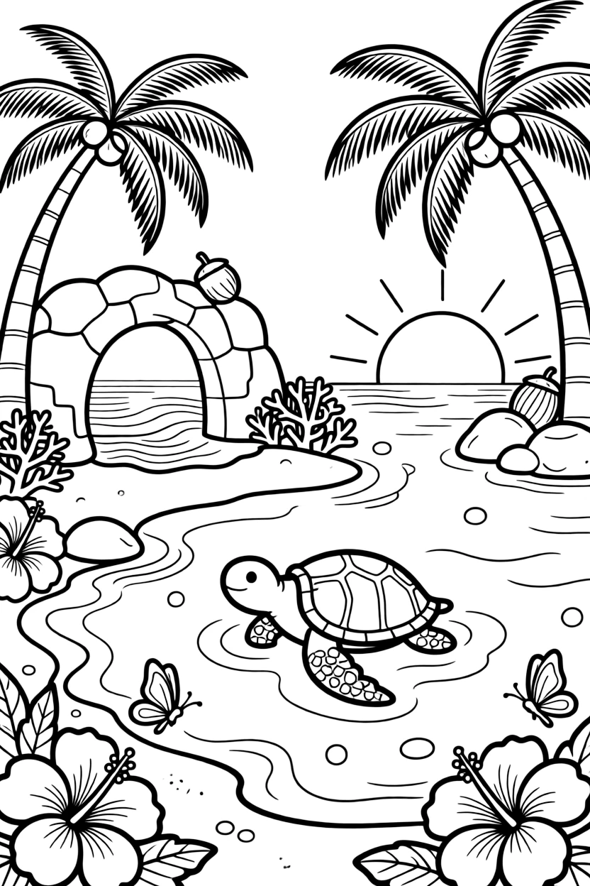[Tropical Islands] A sea turtle swims lazily near a small island ringed with coral and clear blue water. Butterflies flutter around hibiscus flowers growing near a cluster of smooth boulders. A rocky archway frames a hidden cove where gentle waves lap against the shore. A warm breeze rustles the palm fronds as the sun sets in brilliant orange and pink.