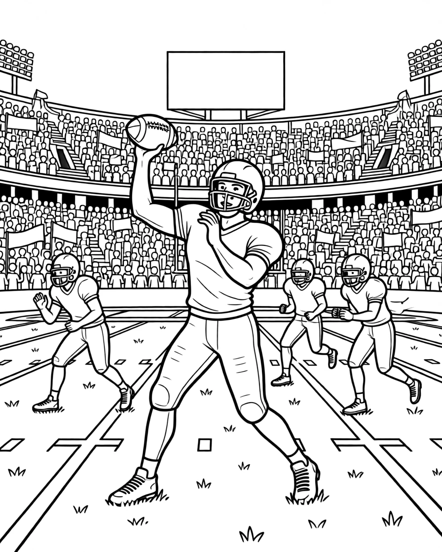 A football quarterback throws a long pass down a packed stadium field.