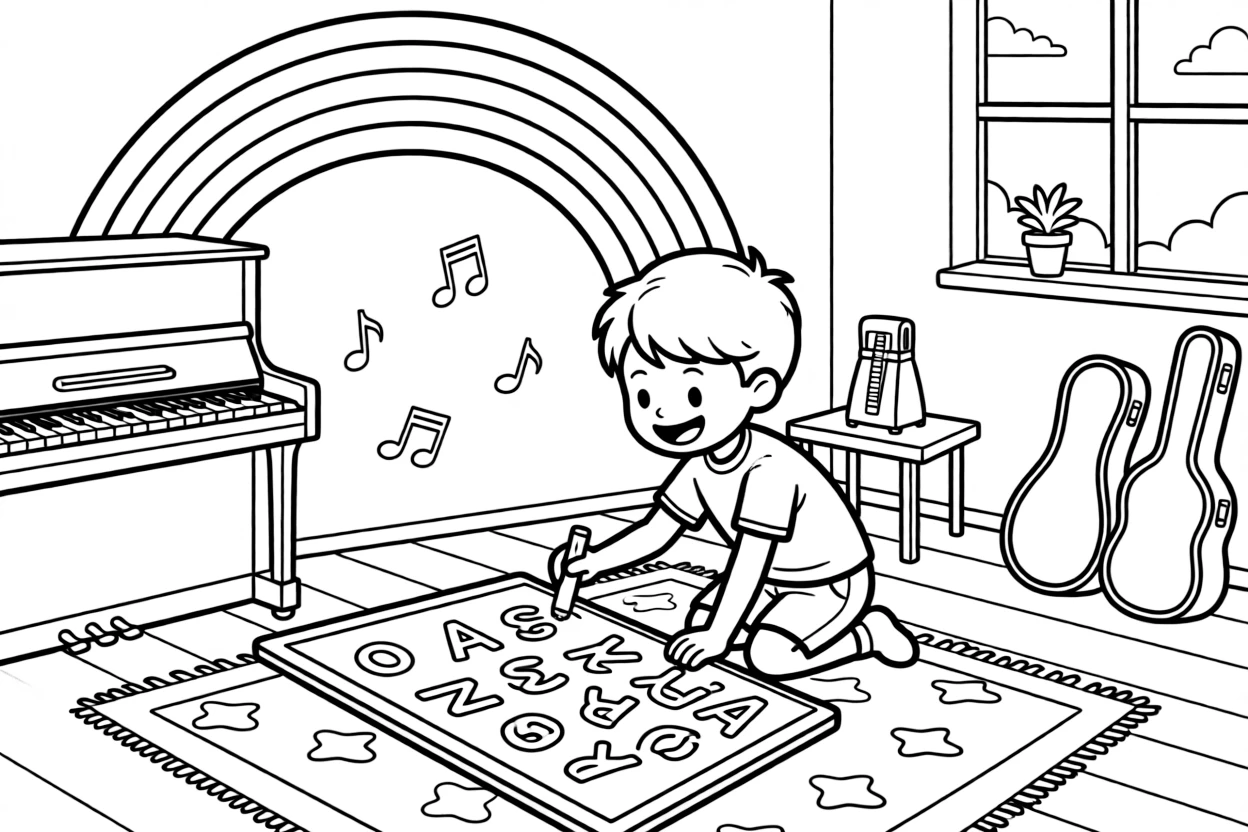 A boy with a missing front tooth practicing letters with chalk at a music room with a rainbow arching overhead.