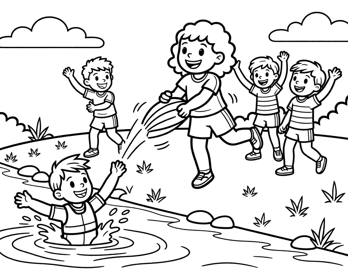 A little girl with curly hair, celebrating with teammates by tossing the coxswain into the river after a big win.