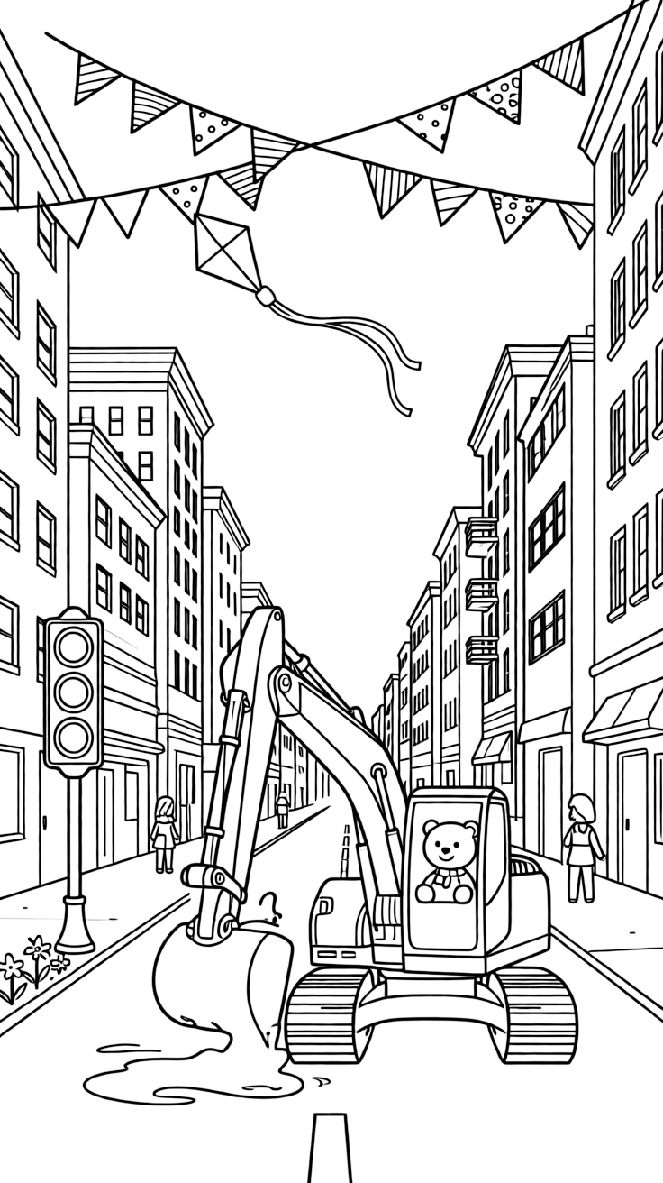 In this scene, a pile driver hammering a post into the ground is the star of a bustling city street lined with tall buildings and traffic lights, joined by a teddy bear buckled safely into the passenger seat, with a kite dancing in the breeze above and a string of triangle pennant flags overhead scattered throughout for kids to color.