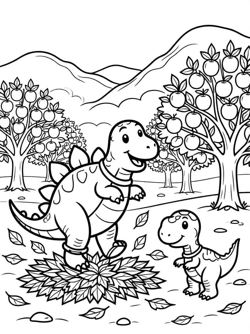 A friendly stegosaurus jumping in autumn leaf piles with a T-Rex hatchling at the edge of a sandy desert, near a apple orchard, while morning fog rolls over the hills.