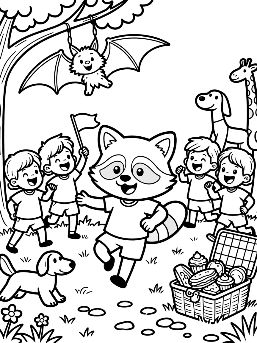 At a birthday party decorated with balloon animals, a huggable raccoon burglar-turned-hero is busy training for a big race with a team of tiny helpers, cheered on by a friendly bat hanging upside down nearby and a picnic basket overflowing with treats. Everyone is laughing and having the best time.
