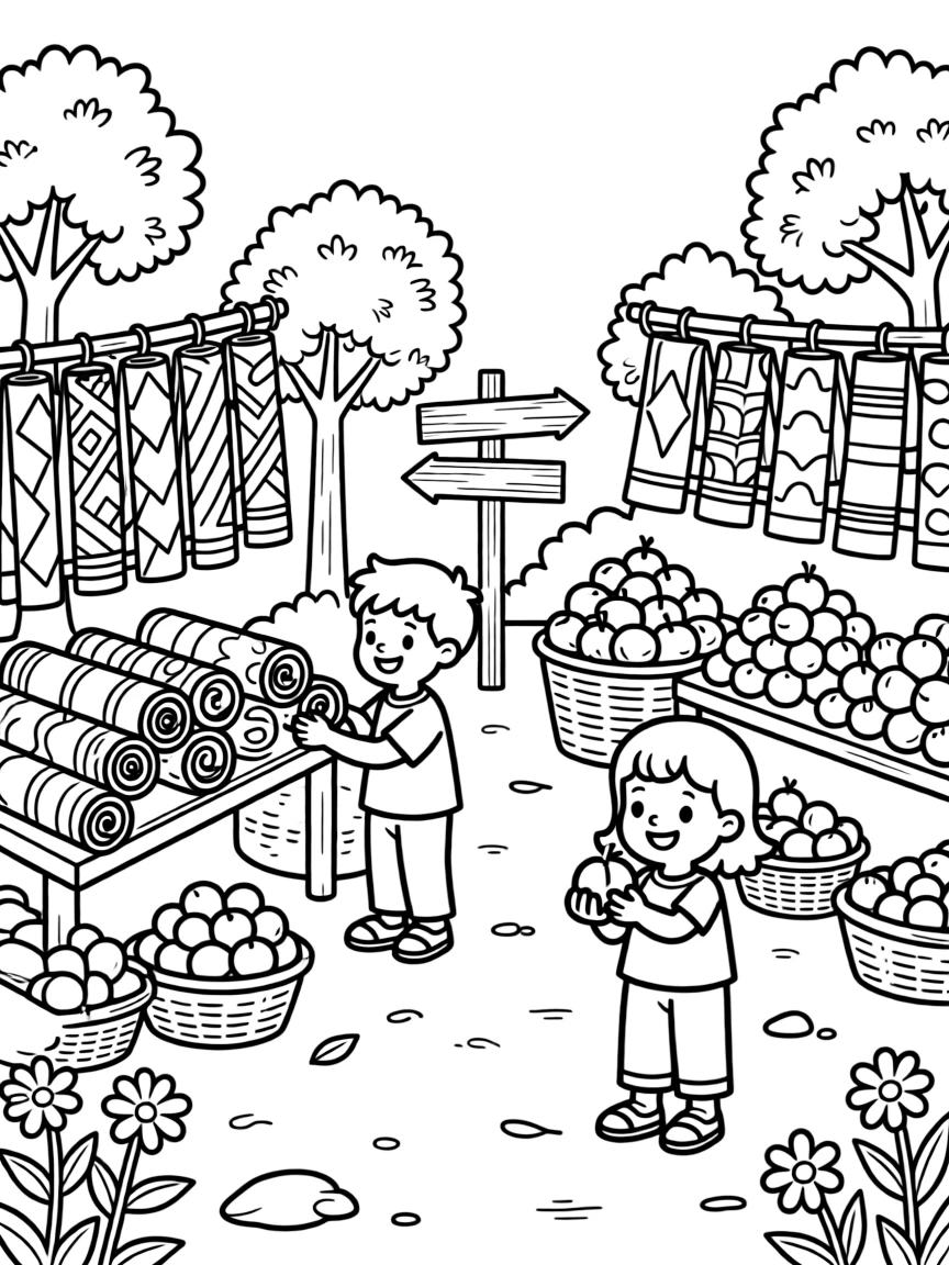 A coloring page inviting kids to explore Nigeria through a bustling market with colorful stalls of fabric and fruit, with small trees, flowers, and a signpost welcoming visitors nearby.