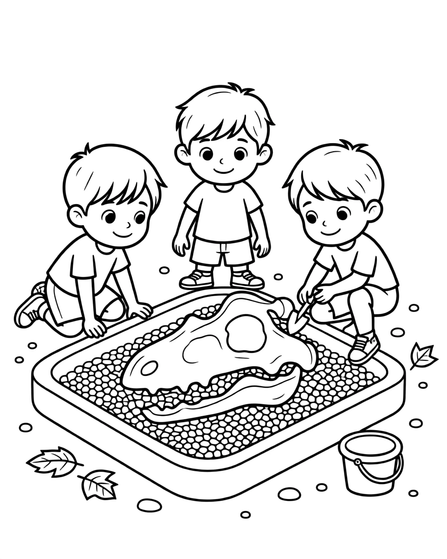a gentle group of three kids examines a dinosaur bone half-buried in a sandbox with a small trowel.