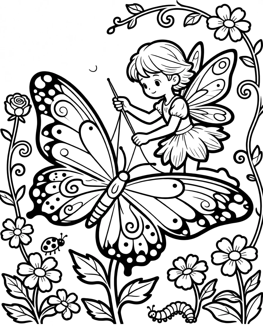 A tiny fairy repairs a torn butterfly wing using a needle made from a rose thorn and thread spun from spider silk.