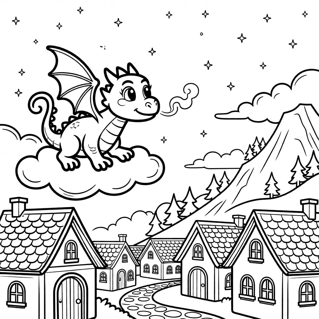 [Dragons] a playful dragon hatchling flying through fluffy clouds above a medieval village, wide-eyed with wonder. Nearby, clouds drift lazily past the mountaintop. Wisps of smoke curl gently from its nostrils. The scene is captured under a starry night sky, with fluffy clouds drifting overhead, giving the page a lively and adventurous feel that invites plenty of colorful detail.