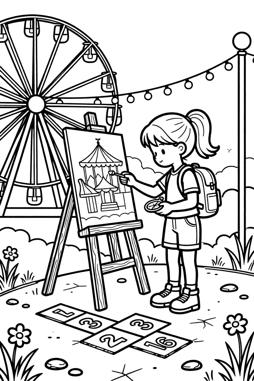 A girl explorer with a backpack and compass is painting a picture on a wooden easel at a lively carnival with a spinning ferris wheel. Nearby, strings of fairy lights strung overhead and a hopscotch grid chalked onto the pavement add to the delightful moment.