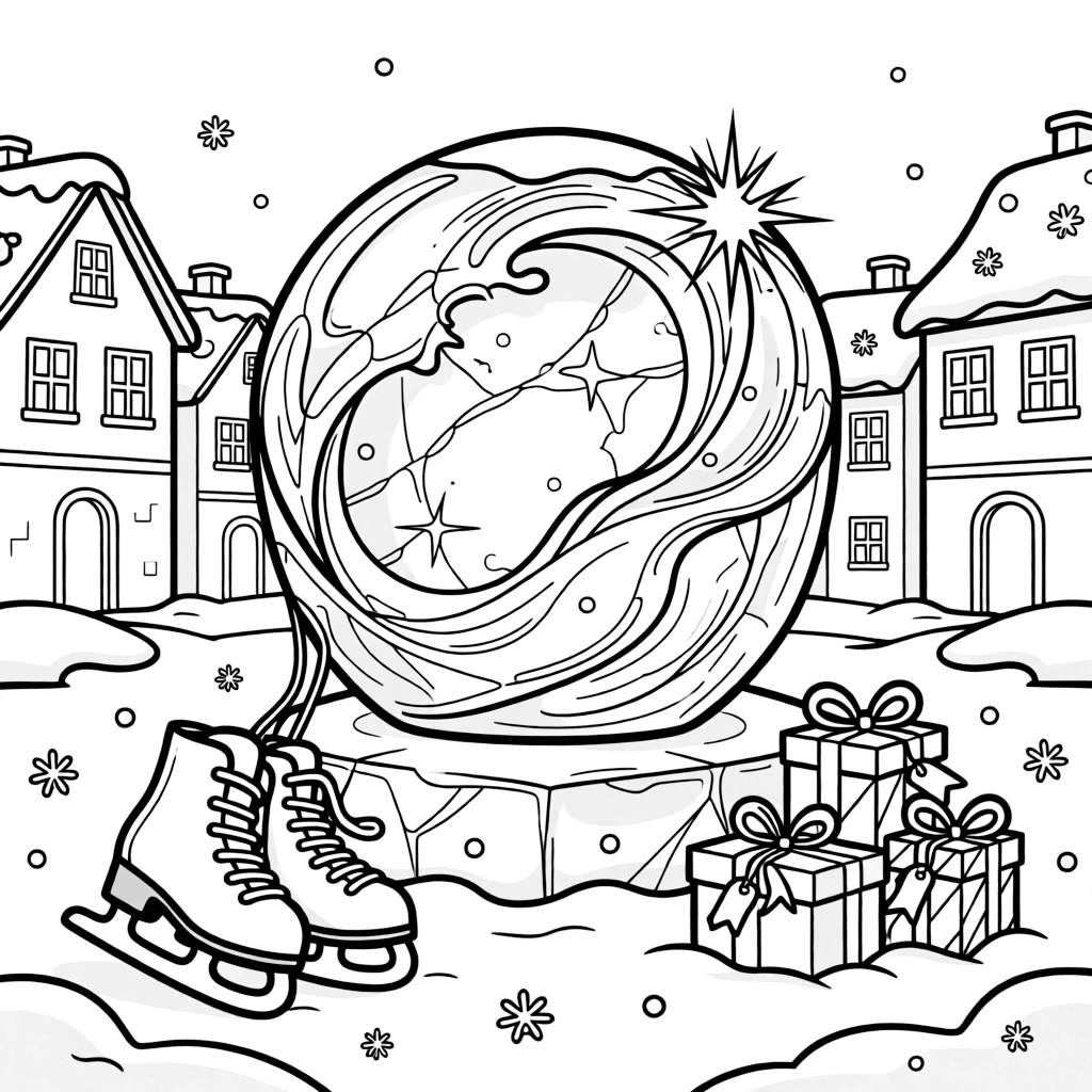 A close-up of a giant ice sculpture glittering in the sun on a snow-covered village square, surrounded by a pair of ice skates and a stack of wrapped gifts.
