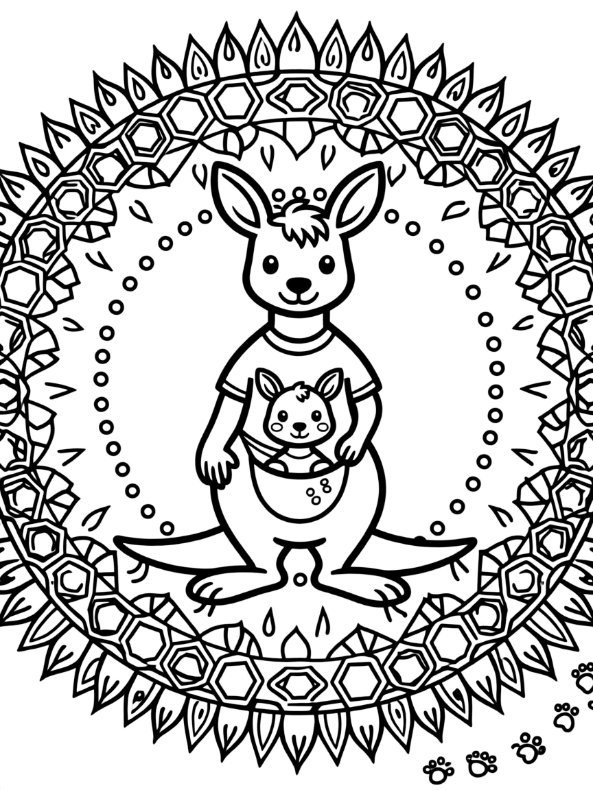Zoo & Safari Animals: The main subject is a kangaroo with a joey peeking from its pouch, drawn as the focal point of a honeycomb mandala tiled from small hexagon cells. It is positioned in the middle of the page so the design radiates outward evenly in every direction. Decorative details fill the surrounding space, including a trail of evenly spaced dots, flame-shaped tips curling upward, and nested triangle shapes woven throughout the background. A playful extra touch completes the page: a few tiny footprints trailing off toward one edge of the page.