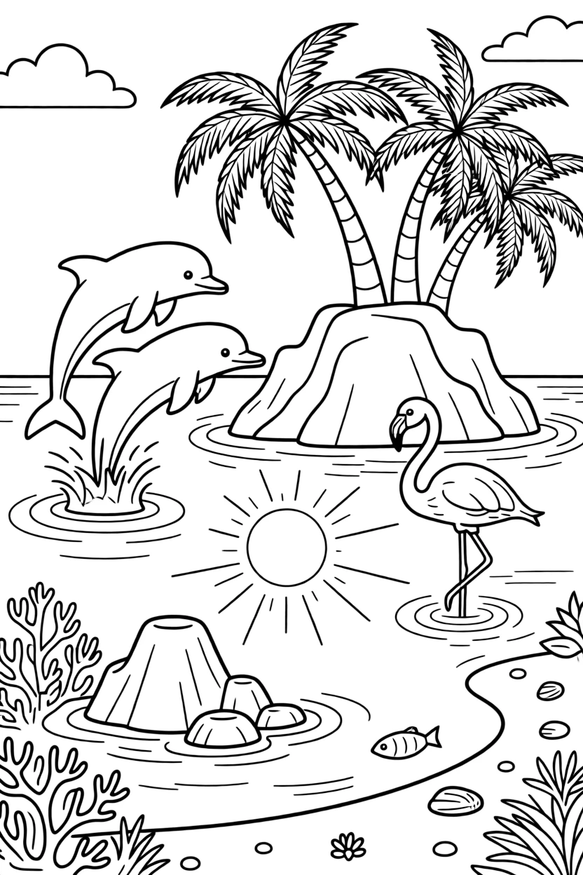 [Tropical Islands] A group of friendly dolphins leaps near a rocky island topped with swaying palm trees. A pair of flamingos wades in a shallow lagoon near the edge of the island. Coral formations rise beneath the clear water near a cluster of smooth volcanic rocks. Golden afternoon sun glimmers across the water near the quiet, sandy cove.