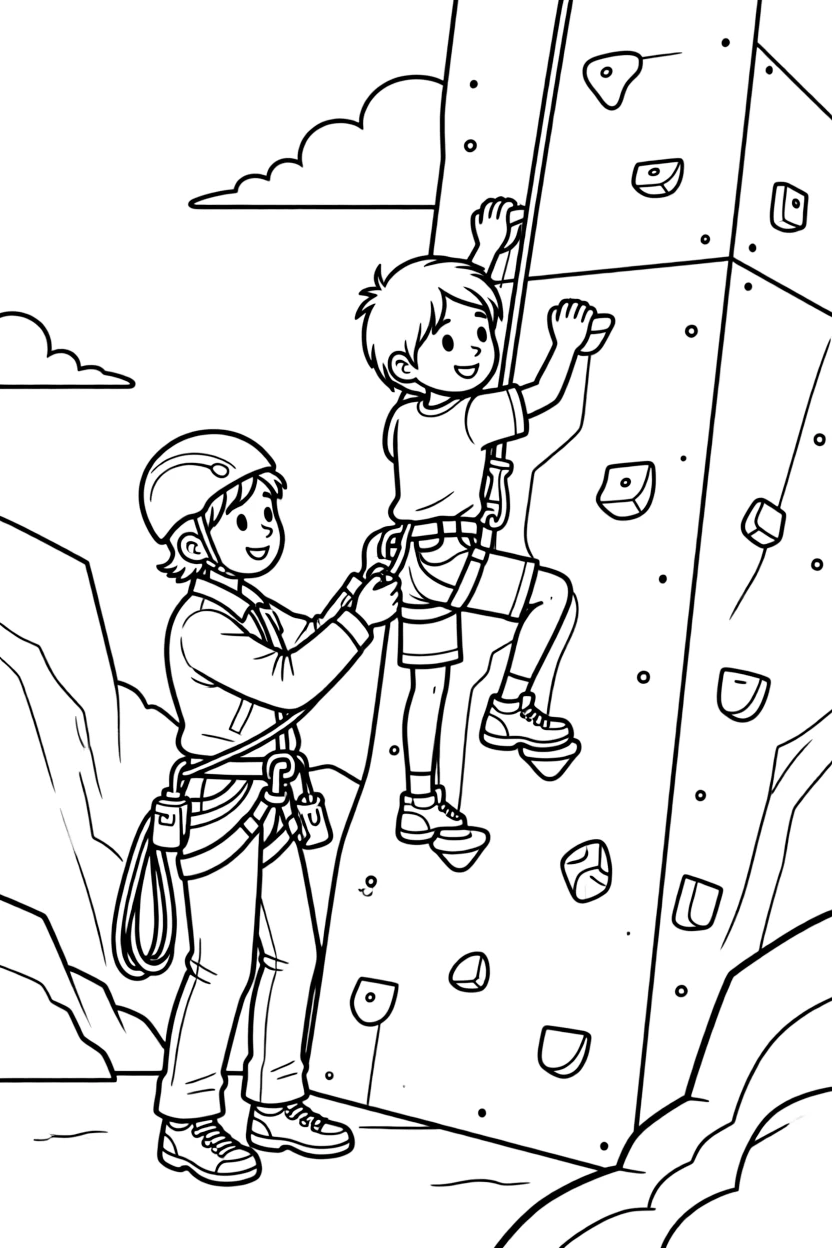 A rock climbing guide clips a harness onto a climber scaling a tall wall.