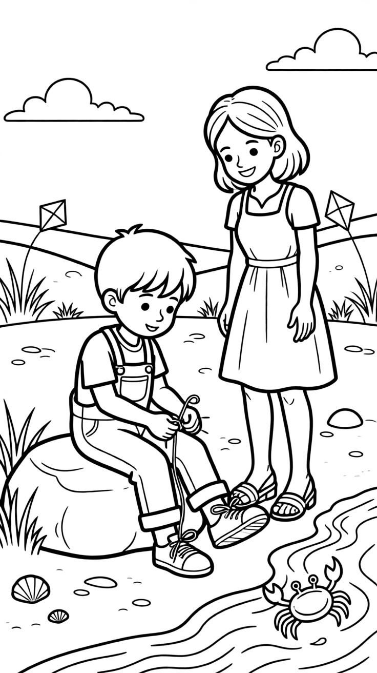 A boy in overalls tying shoelaces for the first time with a single mom as waves gently lap the shore.