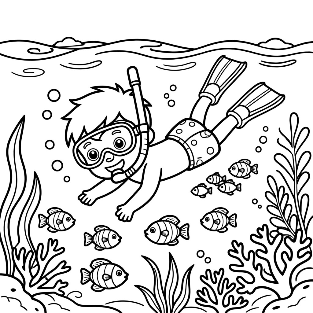 A cheerful young boy, floating face-down with a snorkel mask, watching colorful fish dart below.