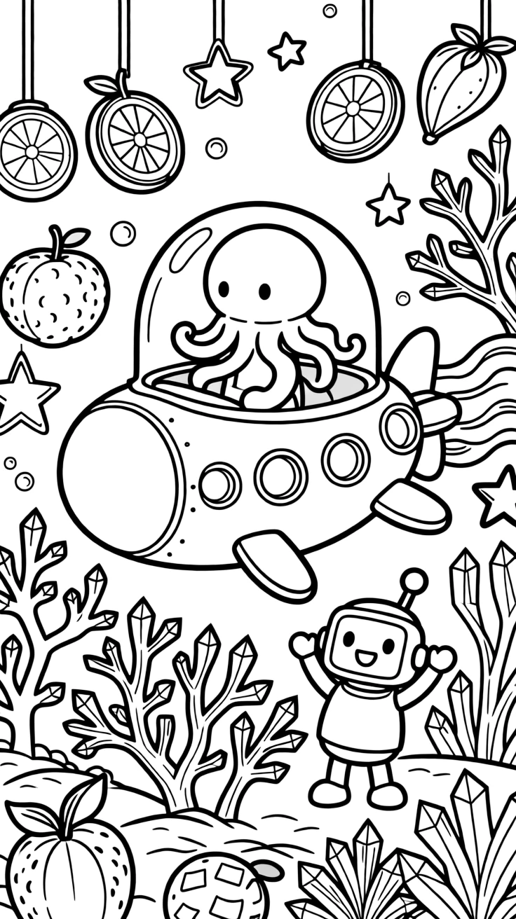 In a colorful alien marketplace filled with strange fruits and gadgets, Fangor, a glowing jellyfish-like alien creature piloting a submarine through a coral reef made of crystal, while a small robot sidekick cheering adds to the excitement.