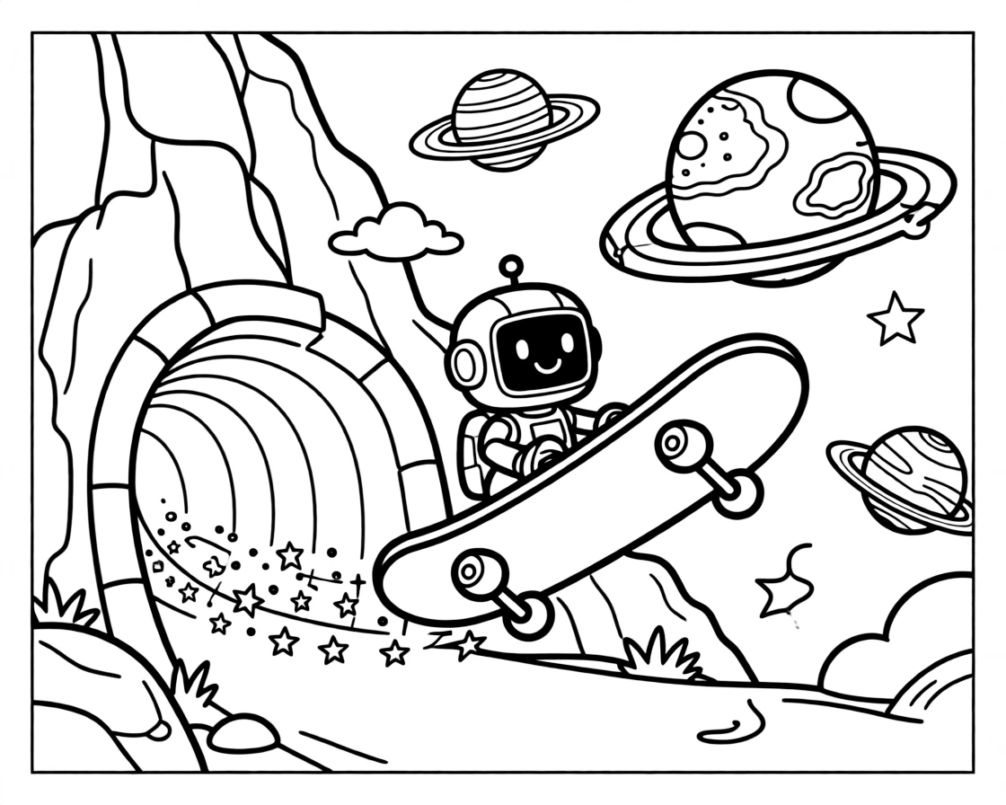A big, friendly a hovering skateboard leaving a sparkly trail rolls through a tunnel cutting through a rocky mountainside, with a smiling robot passenger with a screen for a face enjoying the ride and planets with colorful rings floating nearby adding a playful touch.