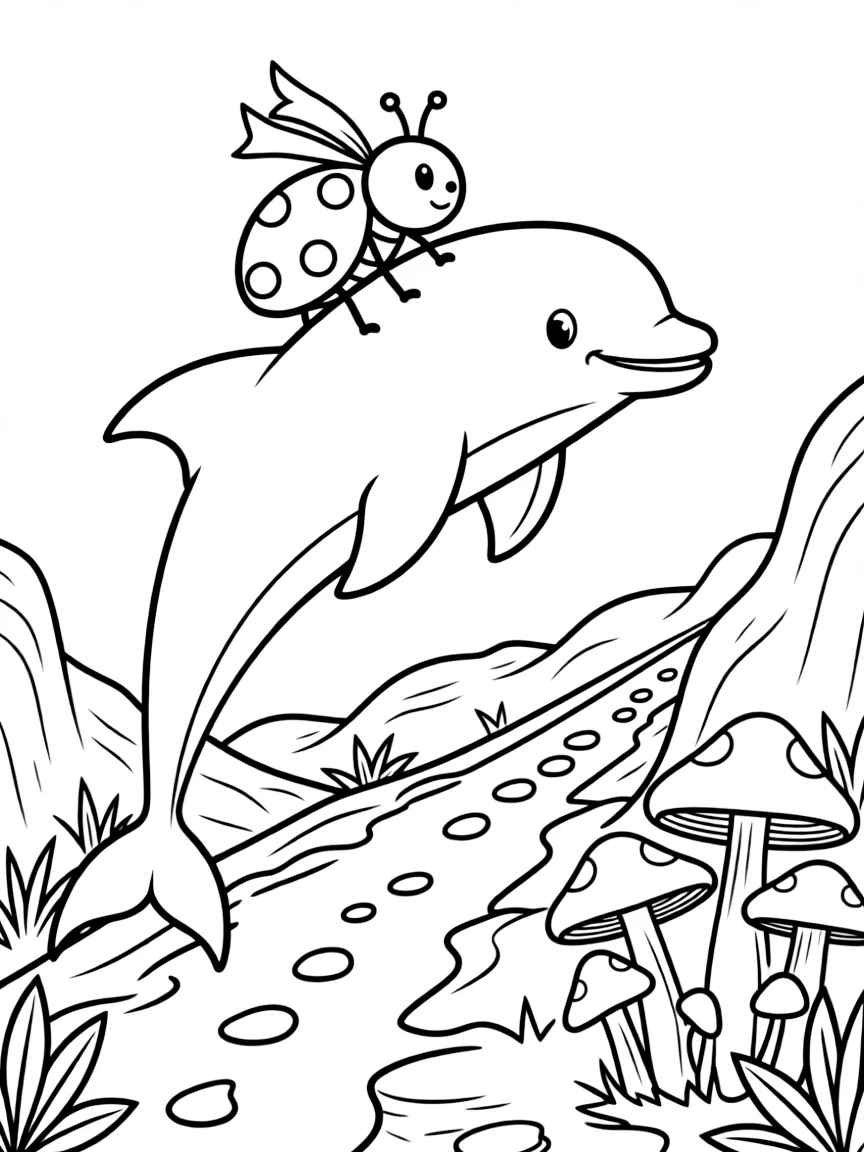 A ladybug riding on the back of a dolphin on a rocky mountain trail, near a cluster of colorful mushrooms, with a trail of tiny footprints in the mud.