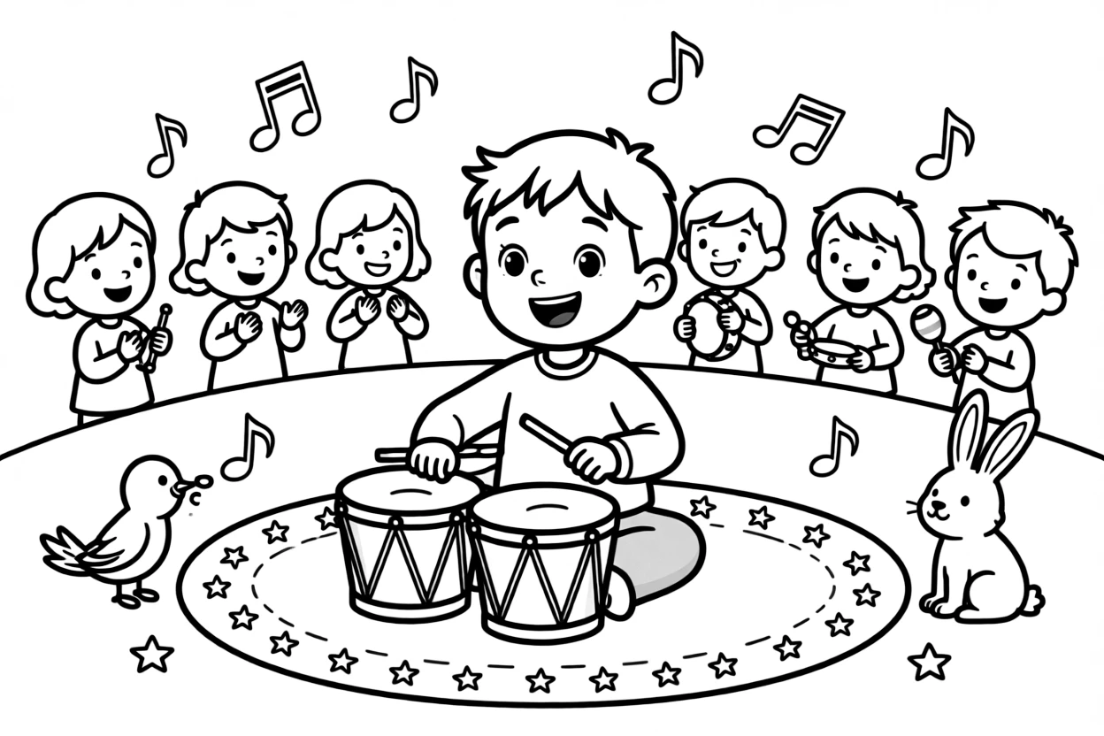 a wide-eyed little boy beats a rhythm on a set of hand drums during a music circle.