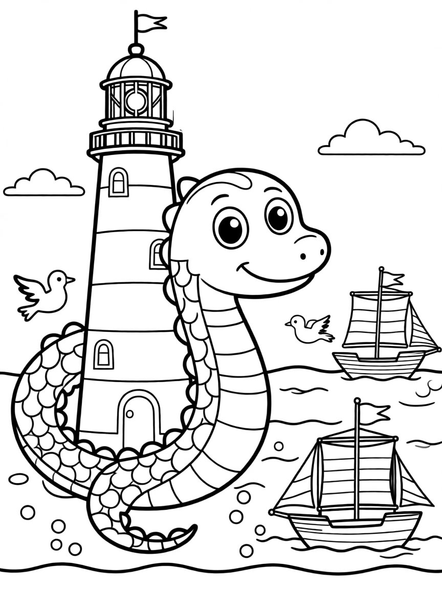 A sea serpent curls playfully around a lighthouse, its long body forming spirals as it watches ships sail safely past.