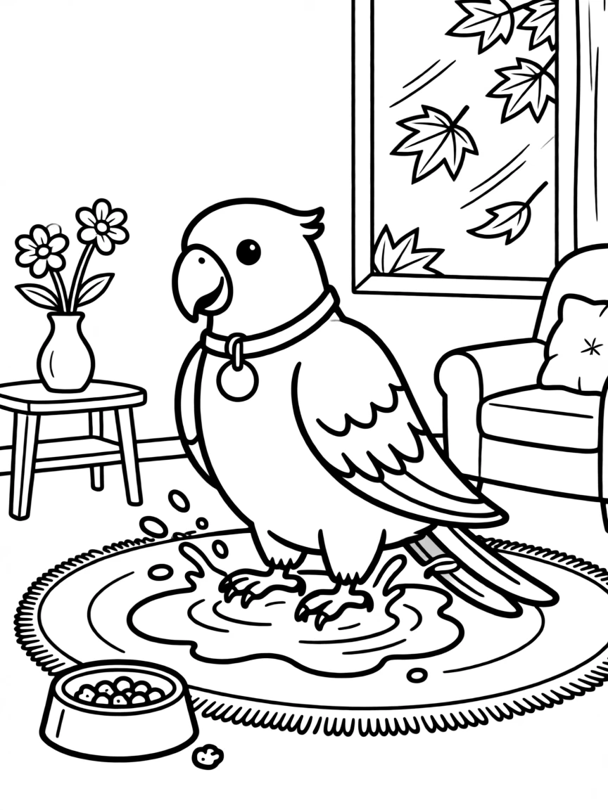 [Pets] a cheerful parrot splashing in a puddle in a cozy living room. In the background, a food bowl sits close by, adding extra fun to explore. A collar with a small tag completes the look. It all happens on a crisp autumn afternoon, with autumn leaves swirling in the wind.