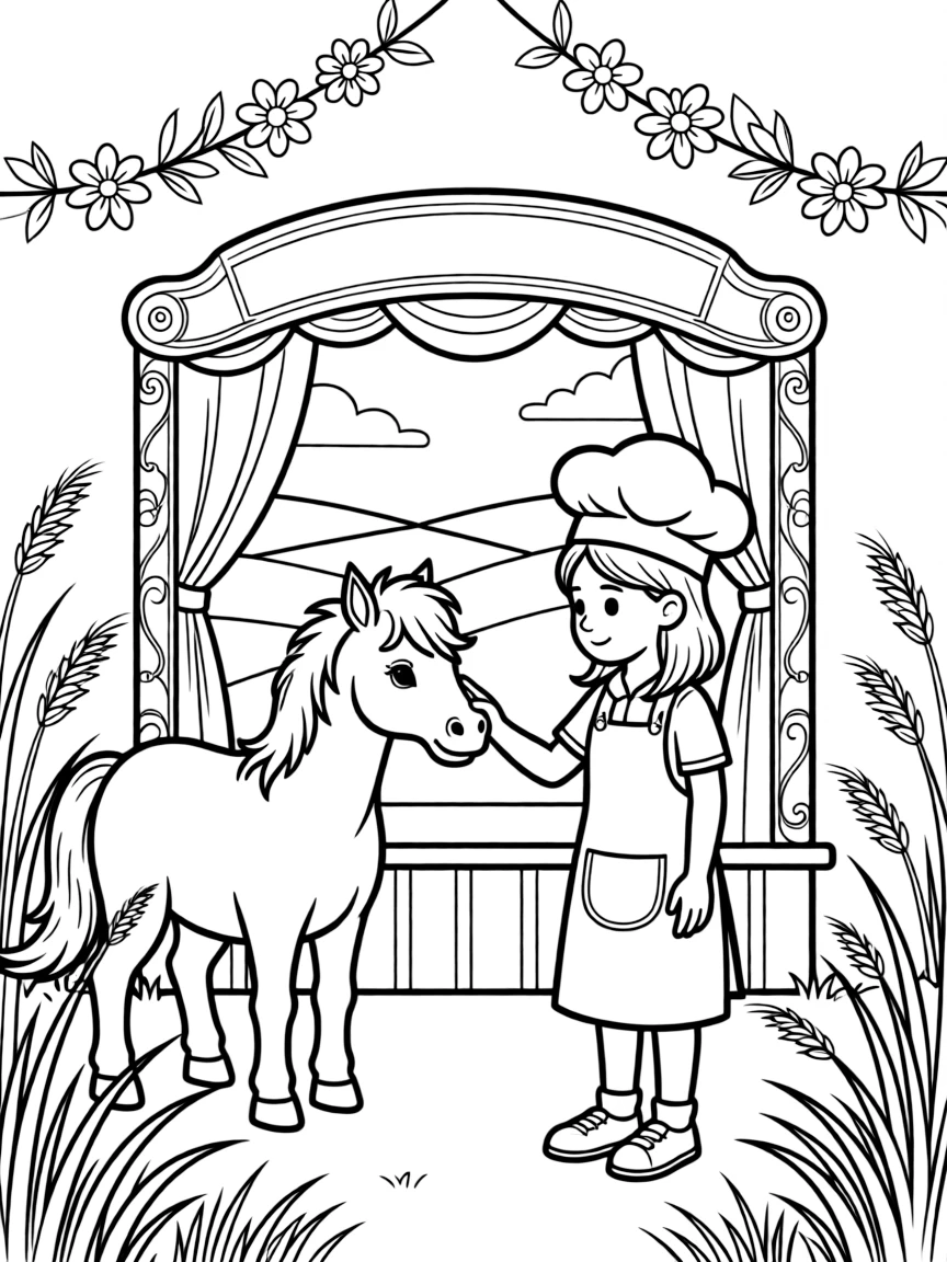 A girl baker in an apron and chef's hat is petting a friendly pony's soft nose inside a puppet theater with a painted backdrop. Scattered nearby, a gentle breeze rippling through tall grass and a garland of paper flowers strung overhead add a sprinkle of wonder to the moment.