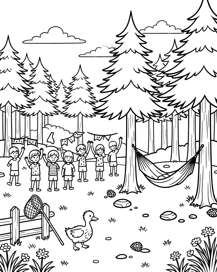 A wide view in a campsite nestled among tall pine trees, featuring a crowd waving colorful streamers, a waddling duckling, and a butterfly net leaning on a fence, with a hammock strung between two trees nearby.